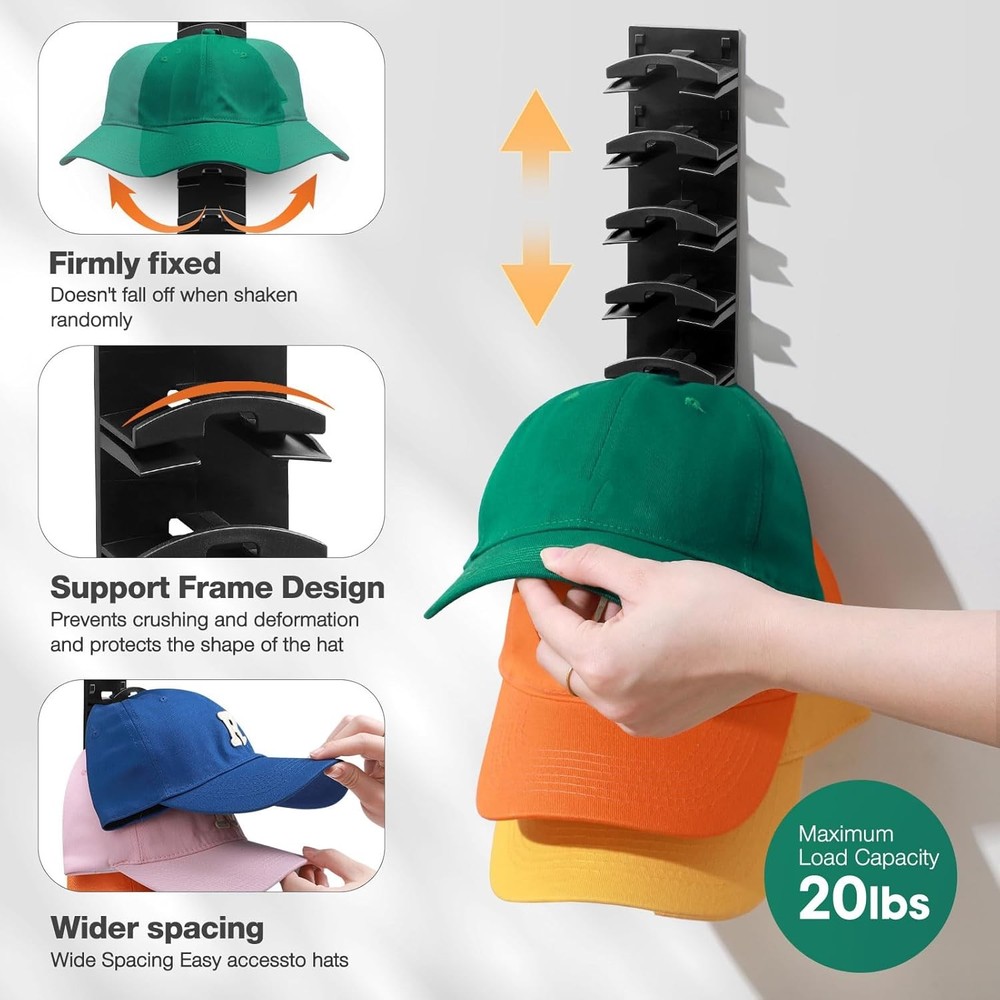 2 Pack Hat Organizer for Baseball Caps, Rack Wall with Strong Black