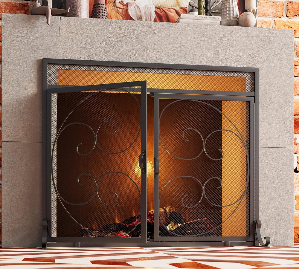 Fireplace Screen with Magnetic Doors,Handcrafted Wrought Iron Classical Scroll D
