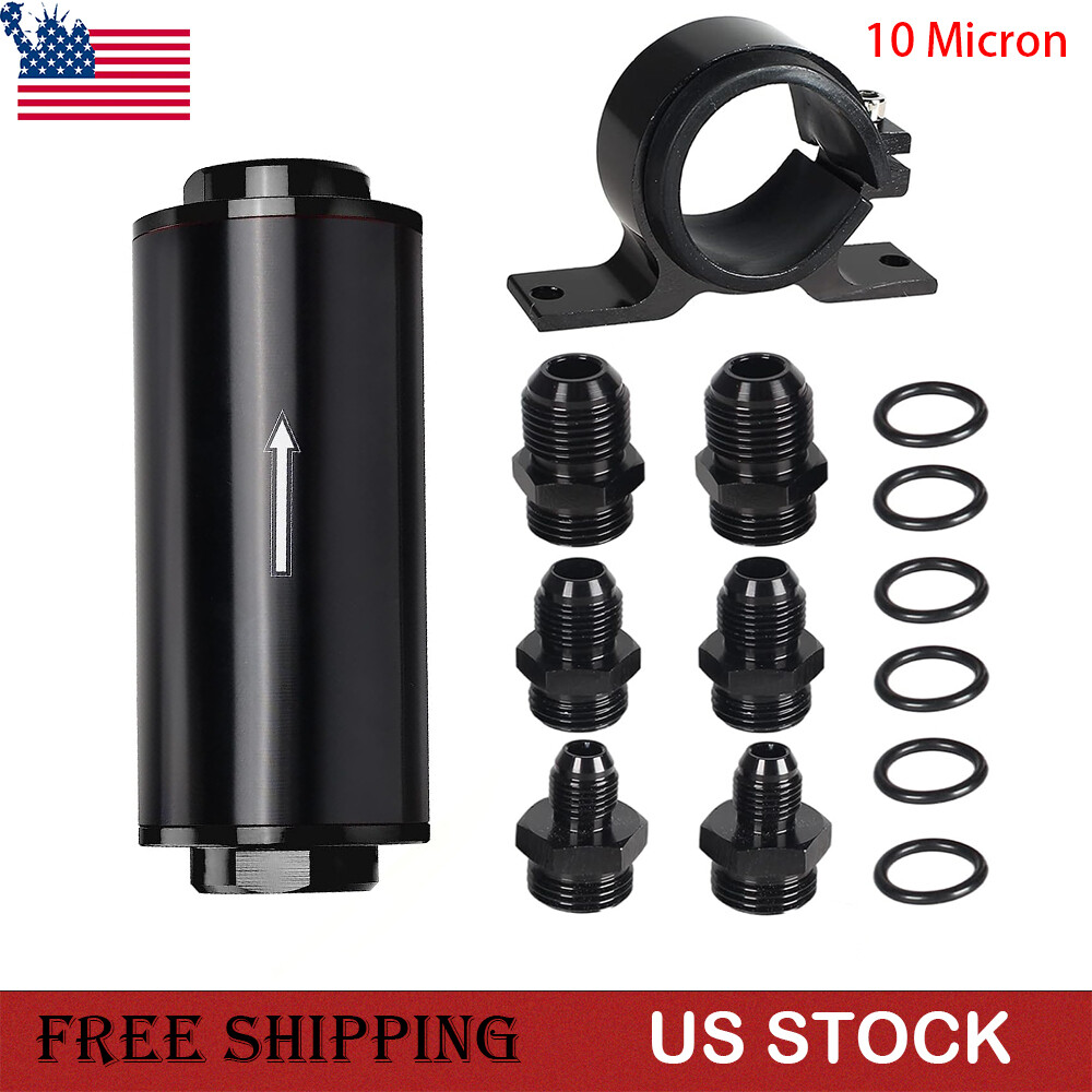 10 Micron Inline Fuel Filter 6AN 8AN 10AN Adapter Fitting W/ 50MM Mount Bracke