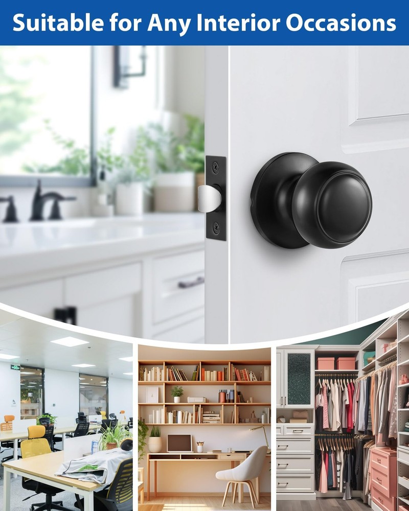 Lanwandeng Matte Black Passage Door Knobs Round Handles for 1 Pack,