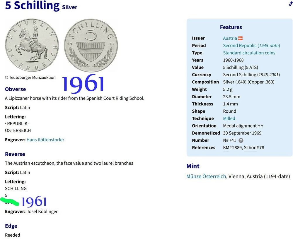 1961 AUSTRIA Silver 5 SCHILLING 5S