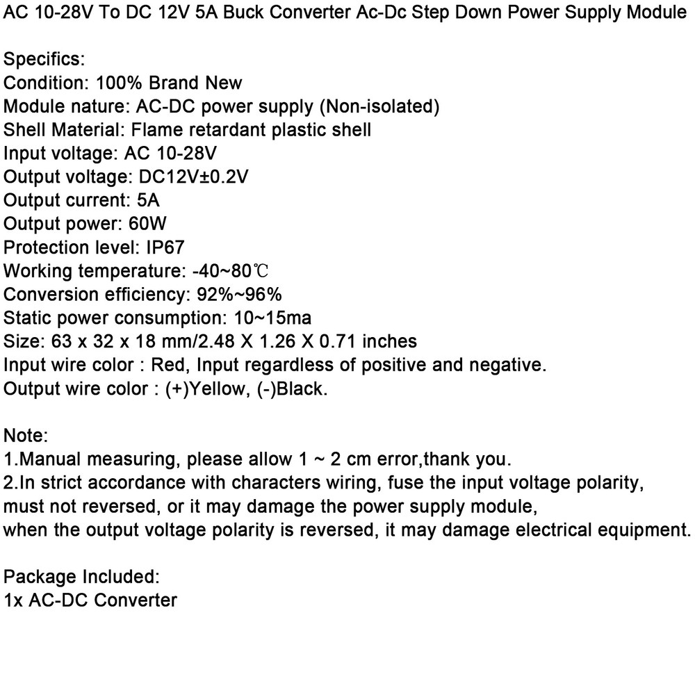 Waterproof Step Down Volt Converter AC12V To DC12V AC-DC Power Module 5A