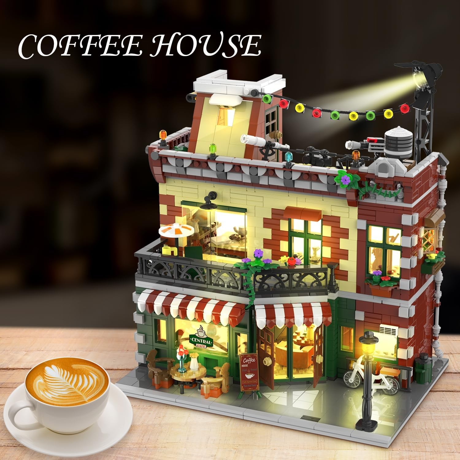 offee House Building Set with LED Light, 1589PCS City Cafe Shop Building Block
