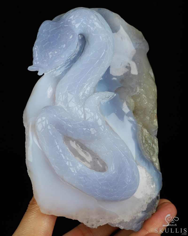 Gemstone 5.2" Blue Lace Agate Geode Hand Carved Crystal Snake