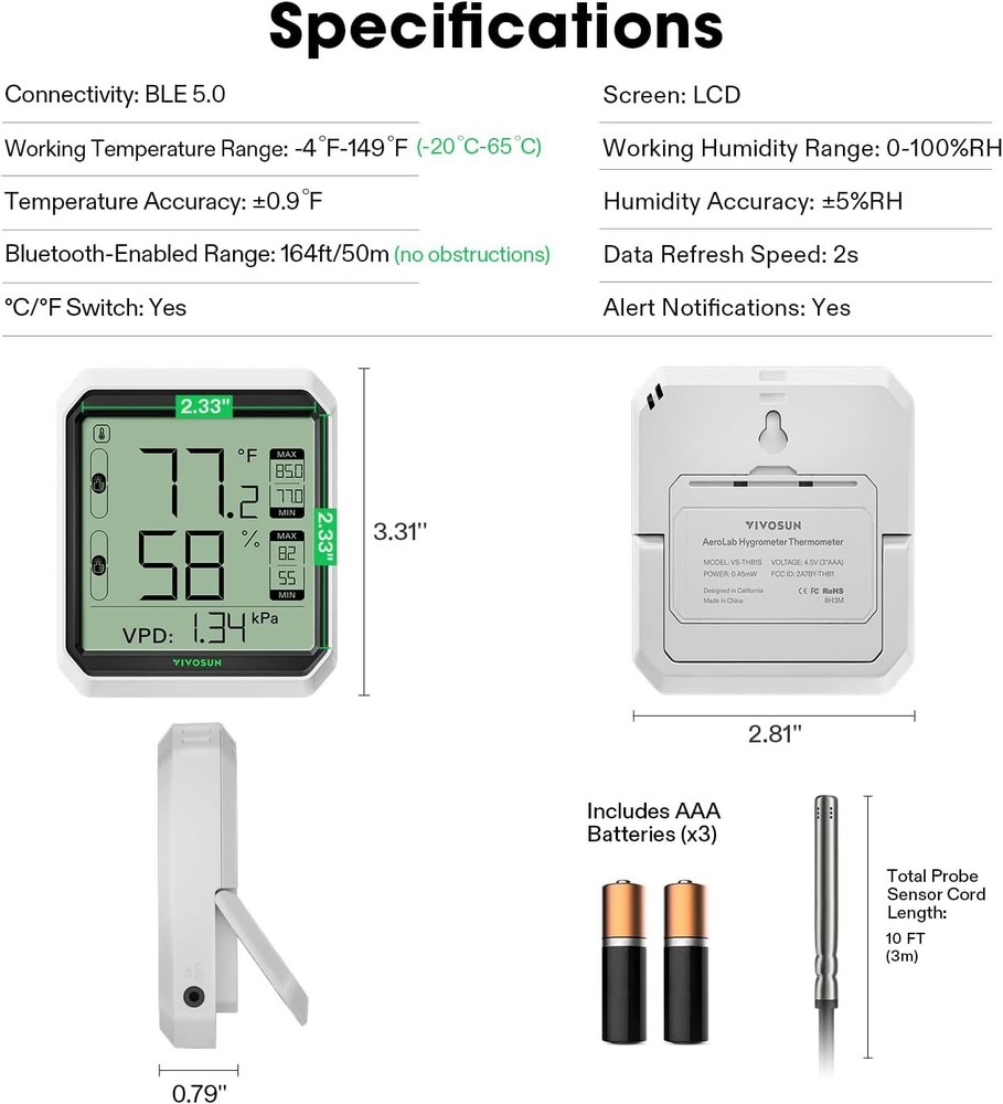 VEVOR Bluetooth Hygrometer Thermometer VPD Temp Humidity Meter w/ Sensor Probe