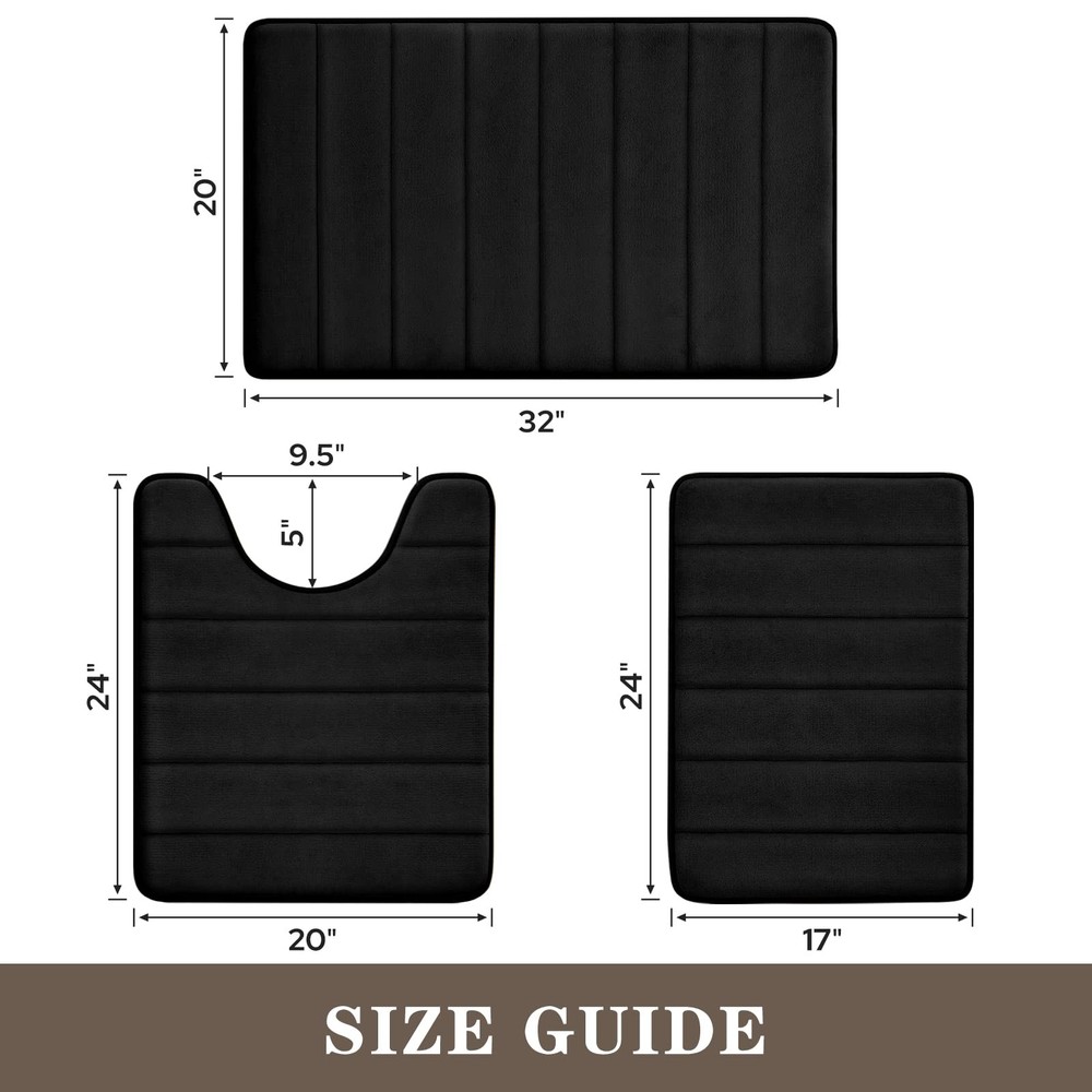 Washable Bath Mat Set, Soft Memory Foam, Non Slip 3pc, Black