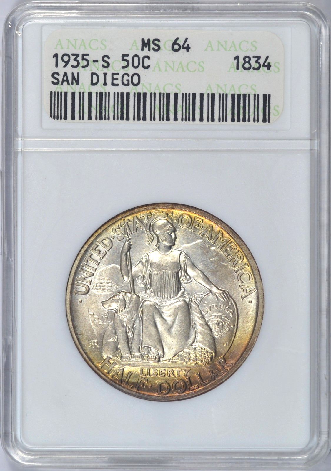 1935-S SAN DIEGO HALF DOLLAR ANACS MS64 4-DIGIT SERIAL SOAPBOX