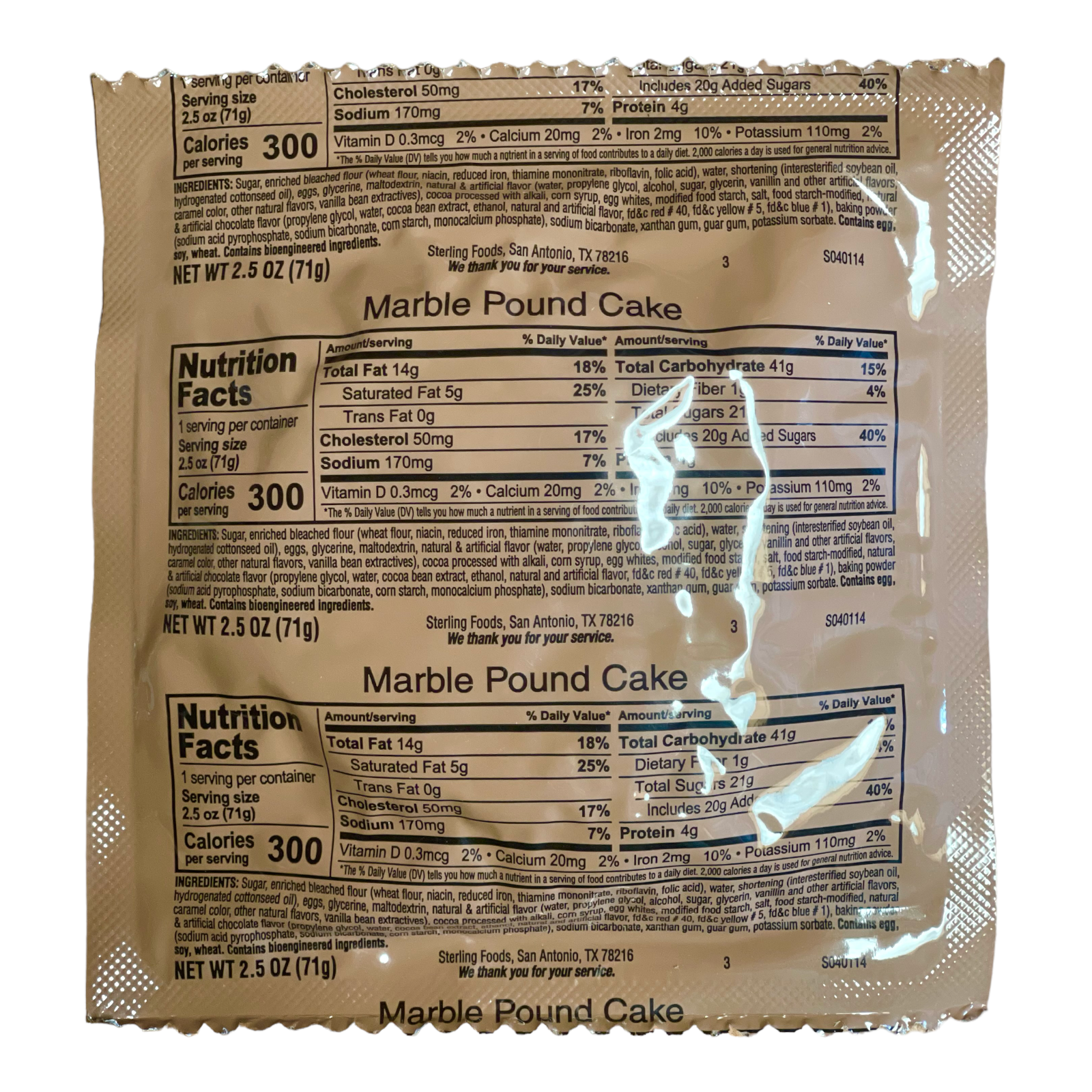 Military MRE Pound Cake Variety Pack: Vanilla, Marble, Applesauce.