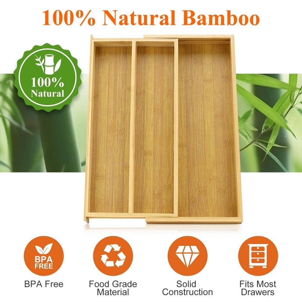 Large Bamboo Silverware Drawer Organizer Tray Kitchen Tool Drawer Divider Org...