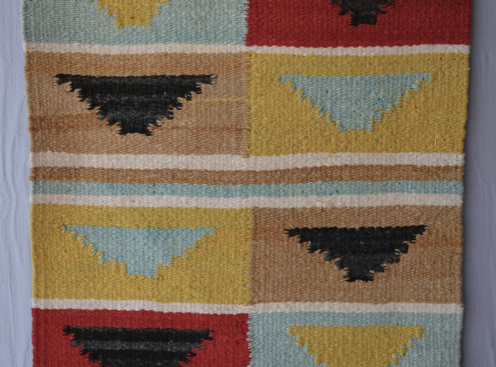 Unique Old Navajo Rug - Optical Design in Turquoise Yellow Red Black - 39" x 19"