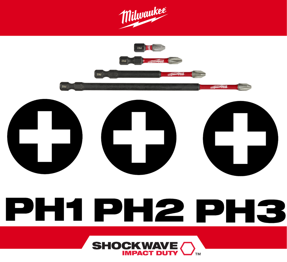 Milwaukee Shockwave Phillips Impact Driver Bits PH1, PH2, PH3 - All Lengths