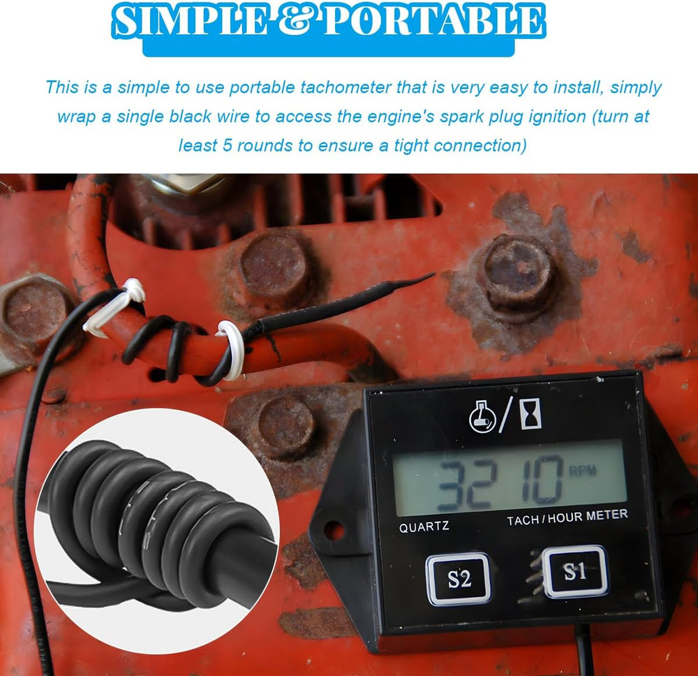 Small Engine Tachometer, Waterproof Inductive Hour Meter for 2 Stroke 4 Strok...