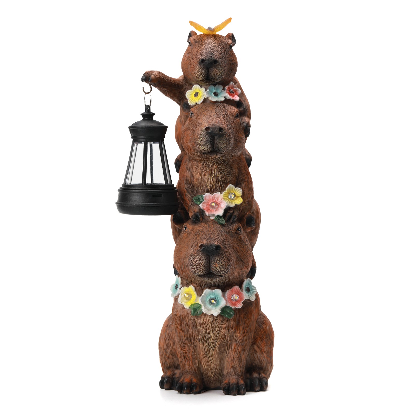 Solar-Powered Capybara Statue with LED Lights & Flowers - Outdoor Decor
