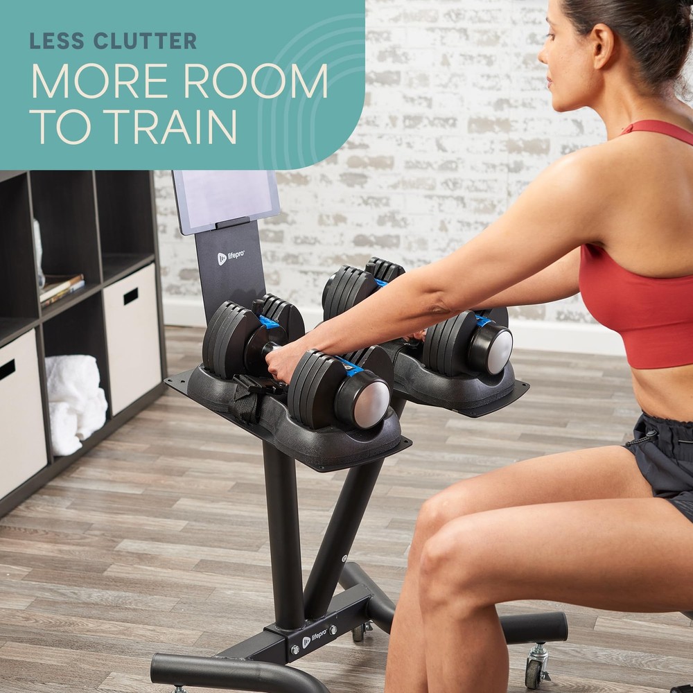 Adjustable Dumbbell Stand with Wheels & Tablet Holder - Space-Saving Rack