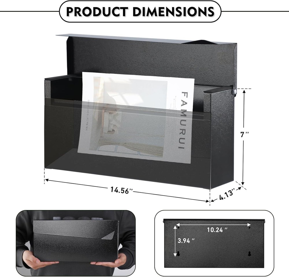 KYODOLED Wall-Mount Mailbox,Large Capacity Mail Box,Galvanized Black Modern
