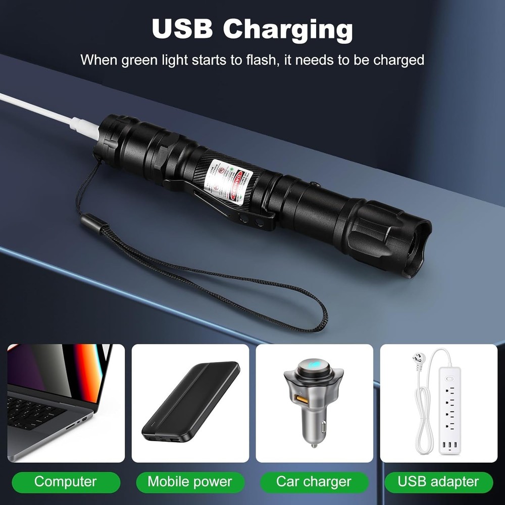 Rugged Green Laser Pointer - Long Range with USB Charging and Adjustable Light