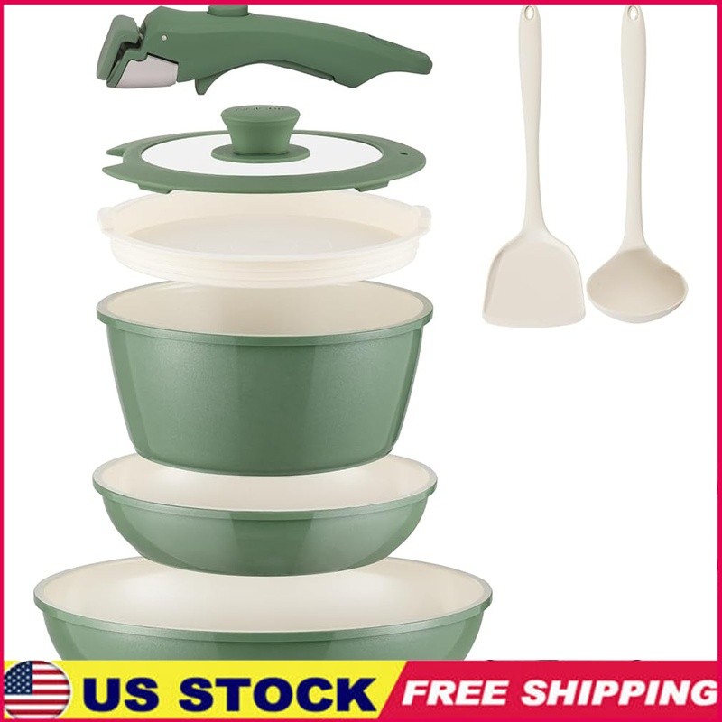 Non Stick Ceramic Cookware Set 8Pcs Removable Handle Space Saving Easy Cleanup