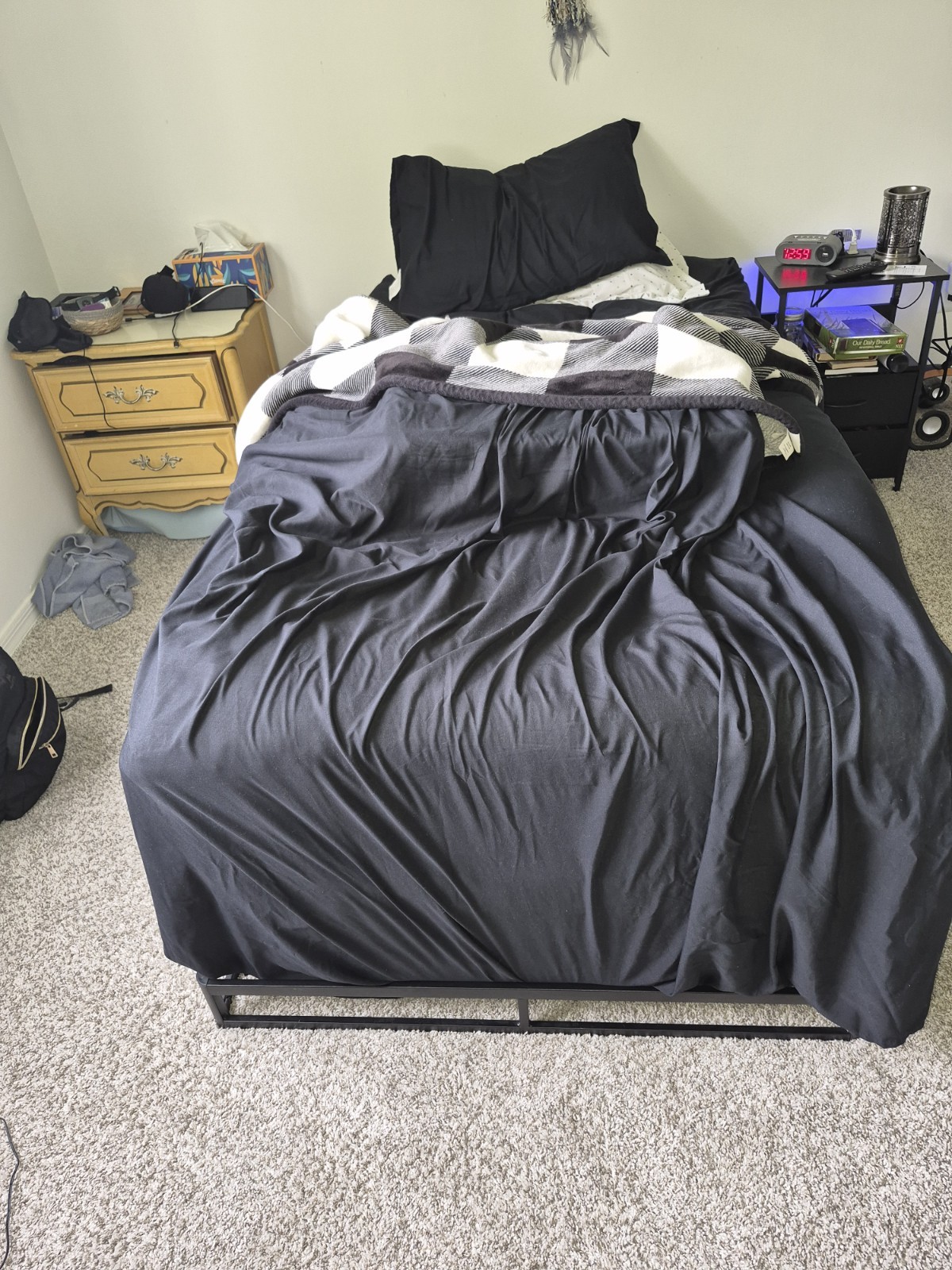 Set of 1 Modern Vintage Nightstands, Black Beige Wood Metal, 2 Drawers, Bedroom