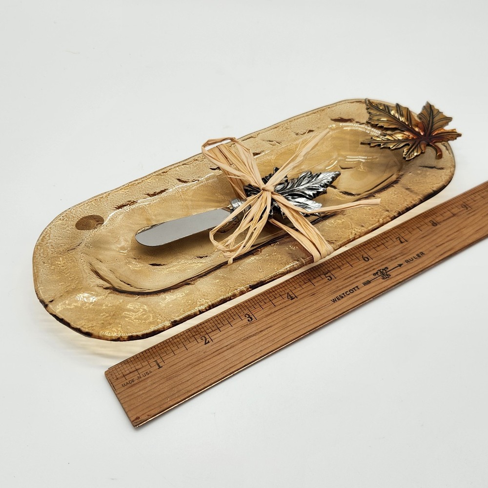 Glass Amber Harvest Leaf Server with Spreader