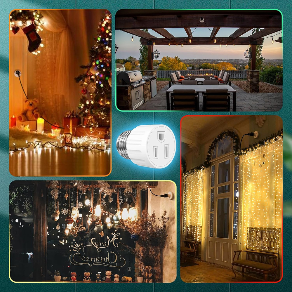 (2 Packs) 3 Prong Light Socket to Plug Adapter, E26 E27 Light Socket Outlet Adap