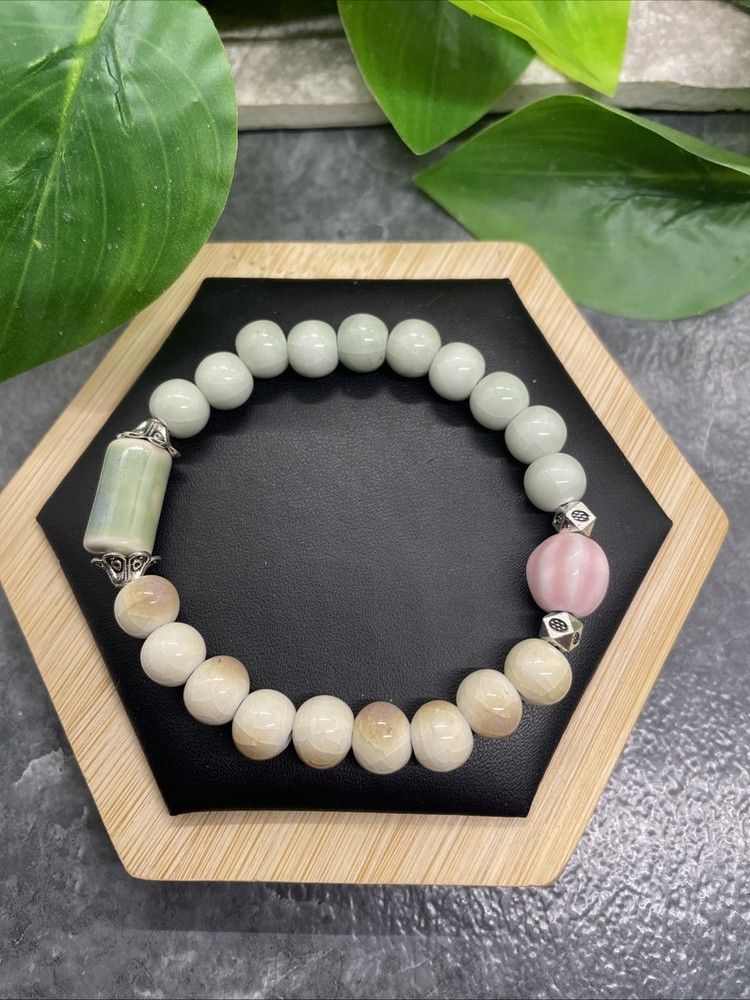 Handmade Ceramic Bead Beaded Stackable 7” Plus Stretch Bracelet New B314