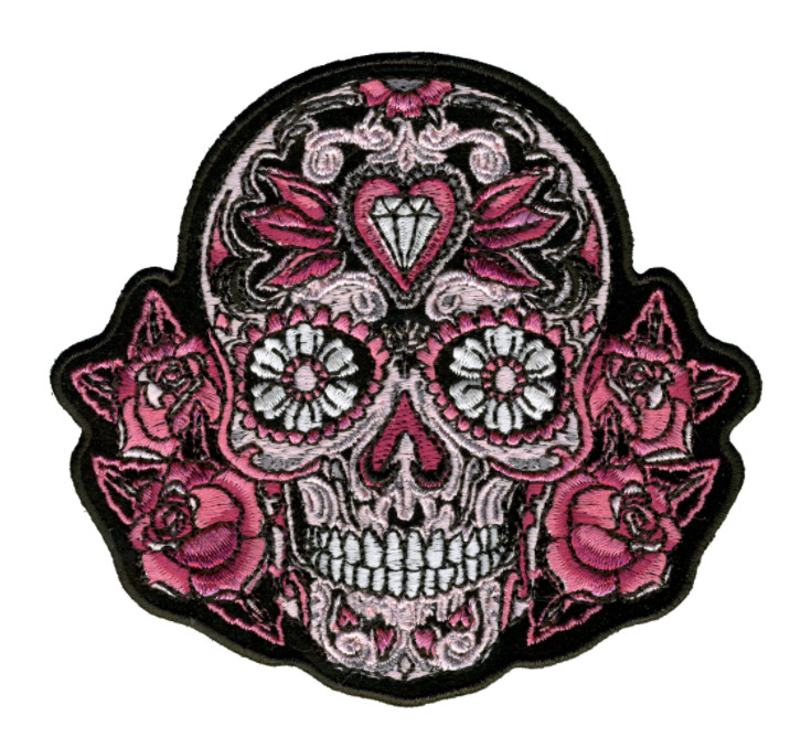 4" SUGAR SKULL PINK DETAILS BIKER EMBROIDERED PATCH