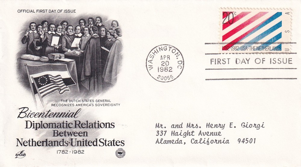 STAMP US SCOTT 2003 "Netherlands" 20 CENT 1982 FDC - B