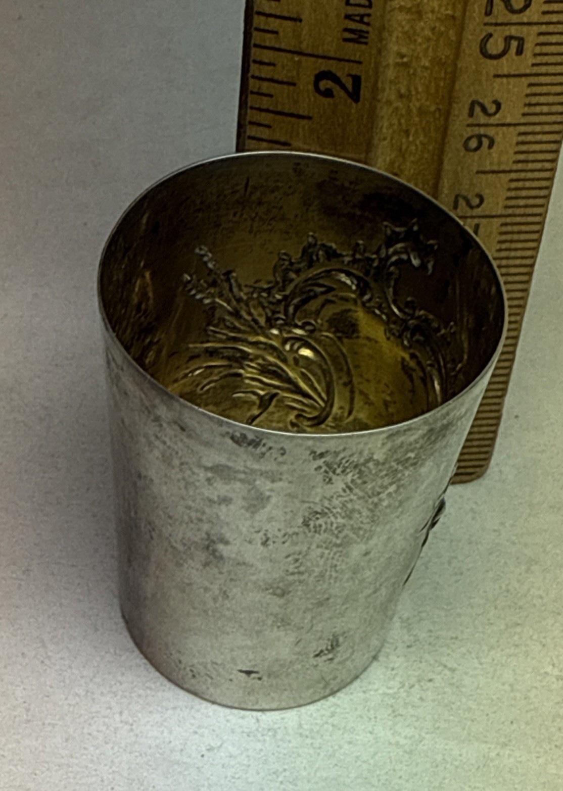 Antique Victorian Shot Glass Cup German 800 Sterling Silver Gebruder Kuhn ? Gold