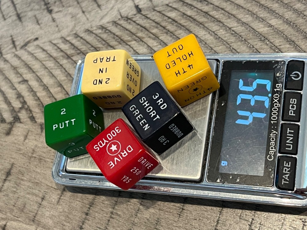 Old bakelite Galloping Golf oversized dice cube set cherry apple + 120123@
