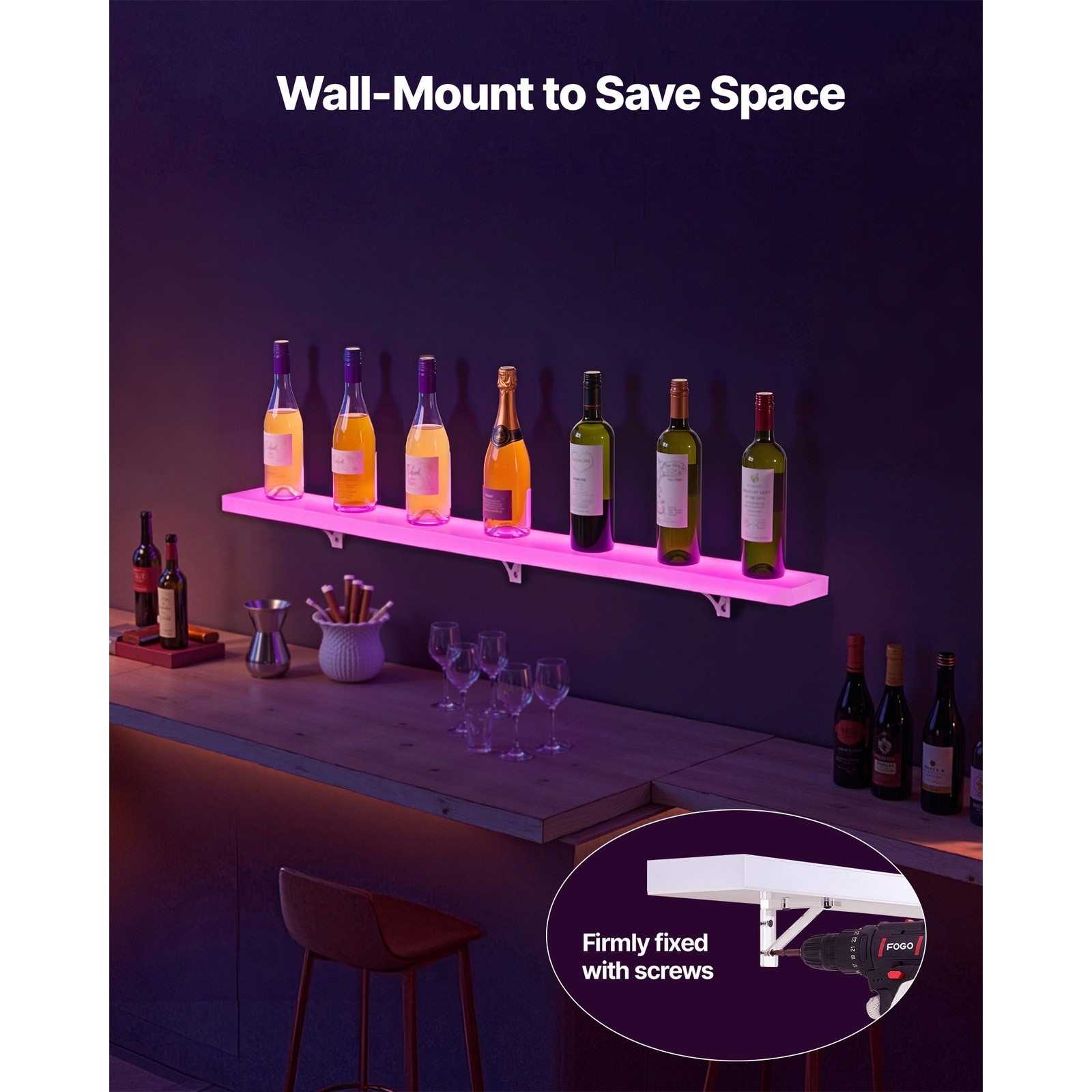 Uimoso LED Liquor Bottle Display Bar Shelf 1-Tier 48 Holds 12 Bottles