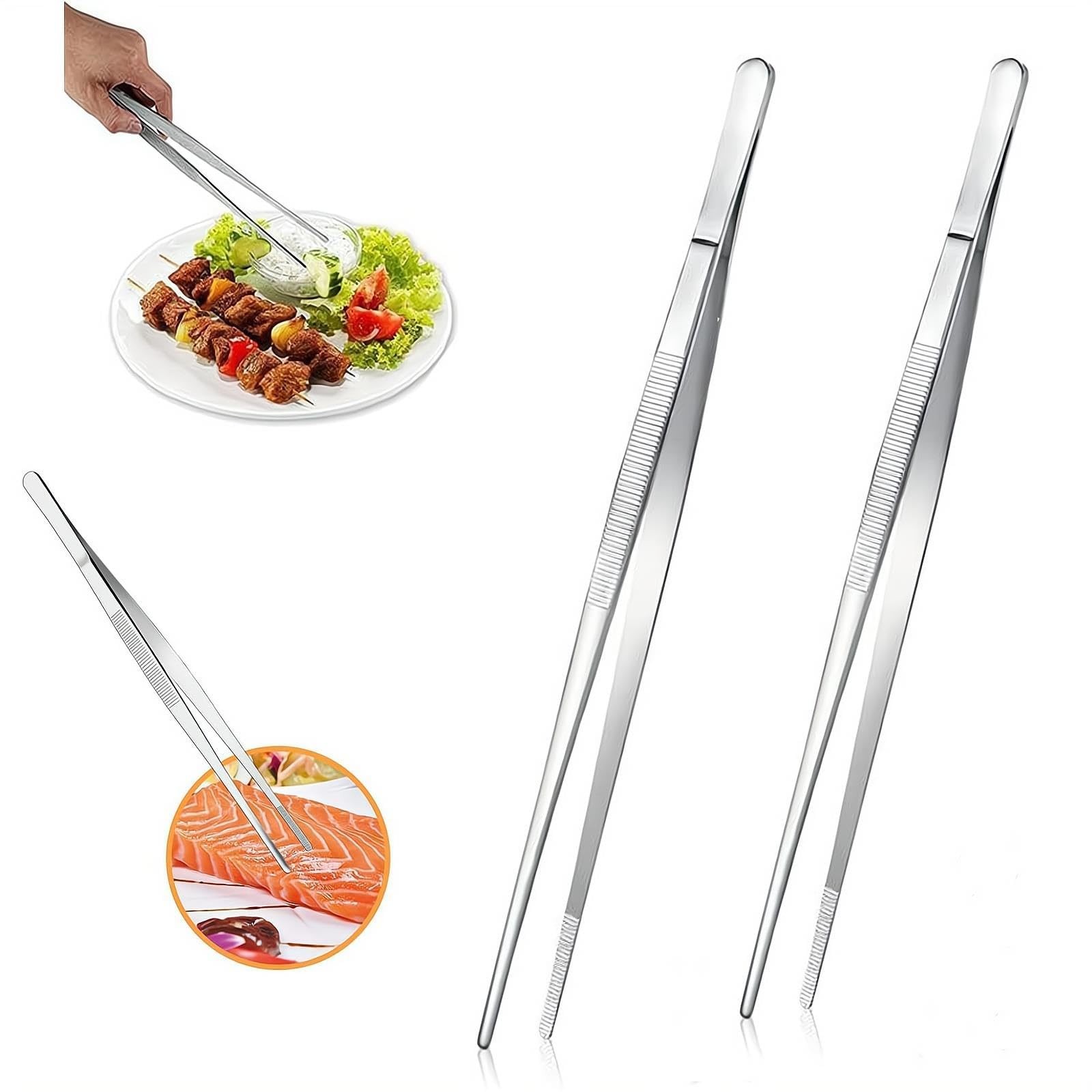 2Pcs Stainless Steel Kitchen Tweezers, 12-Inch Culinary Fine Tweezer Tongs Food.