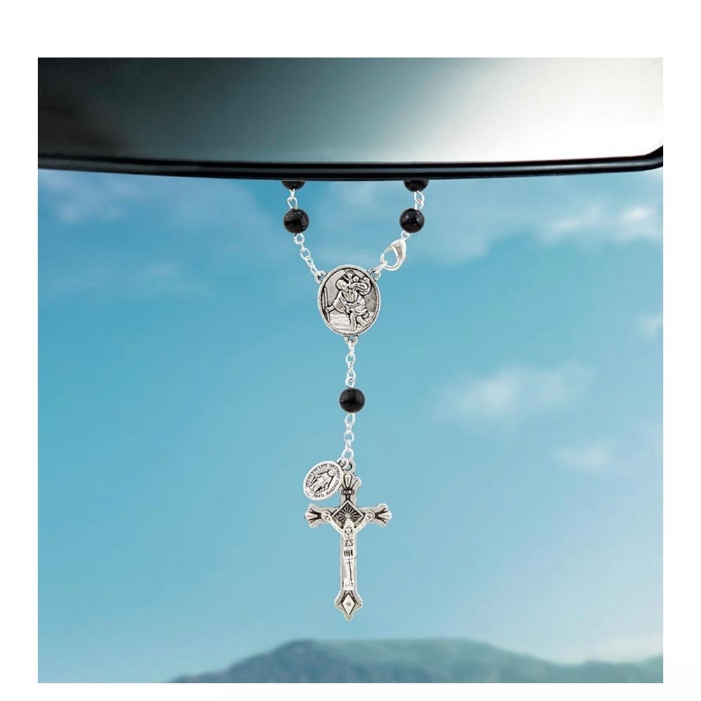 St Christopher Black Glass Rosary Car Mirror Pocket Miraculous Medal Crucifix