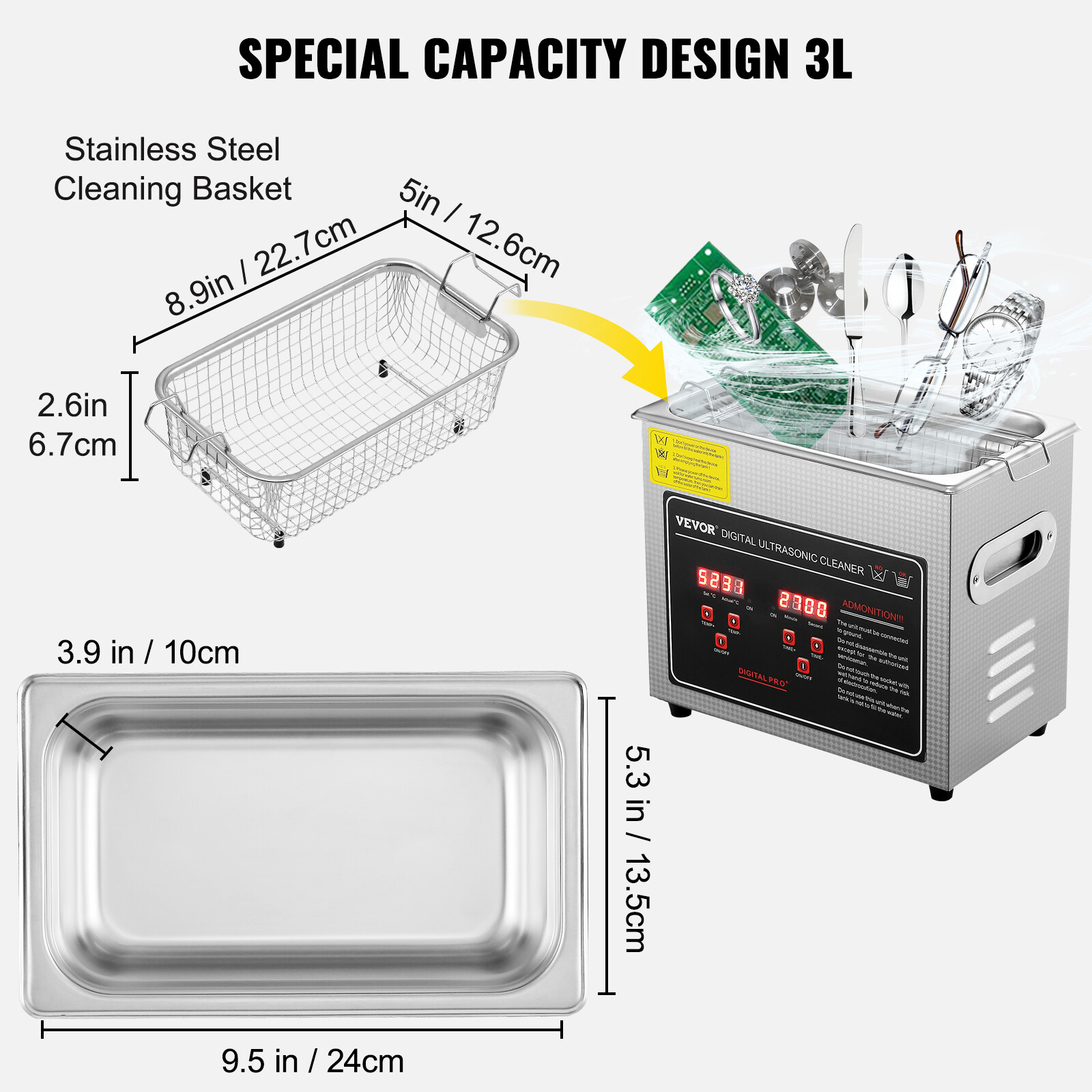 VEVOR 3L Ultrasonic Cleaner with Timer Heating Machine Digital Sonic Cleaner