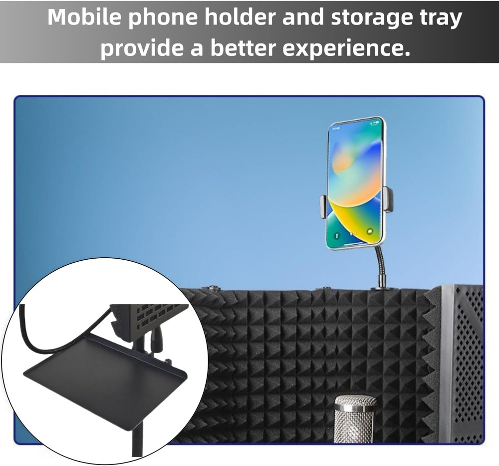 Microphone Isolation Shield with Pop Filter & Stand and Phone Clip, Foldable Tri