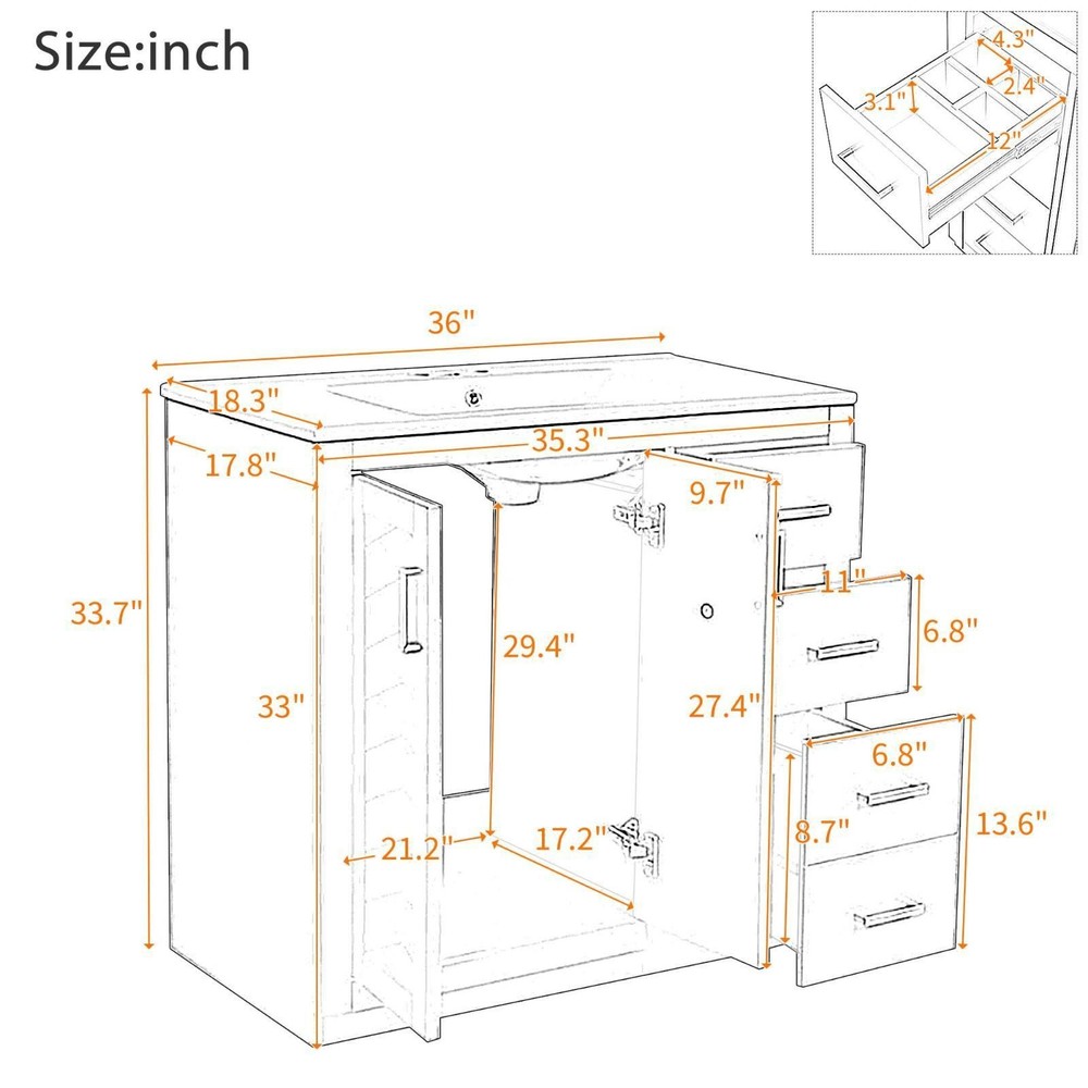 36'' Bathroom Vanity with Ceramic Sink Combo, Solid Wood Frame Bathroom Storage