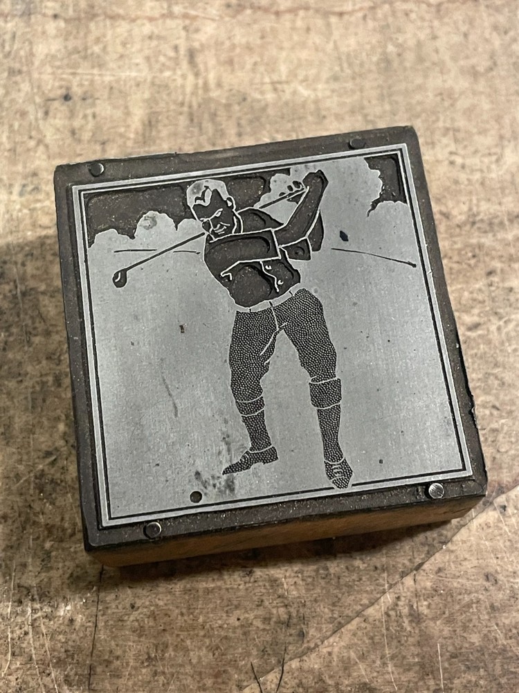 Printing Letterpress Printers Block Man Playing Golf / Swing (929)