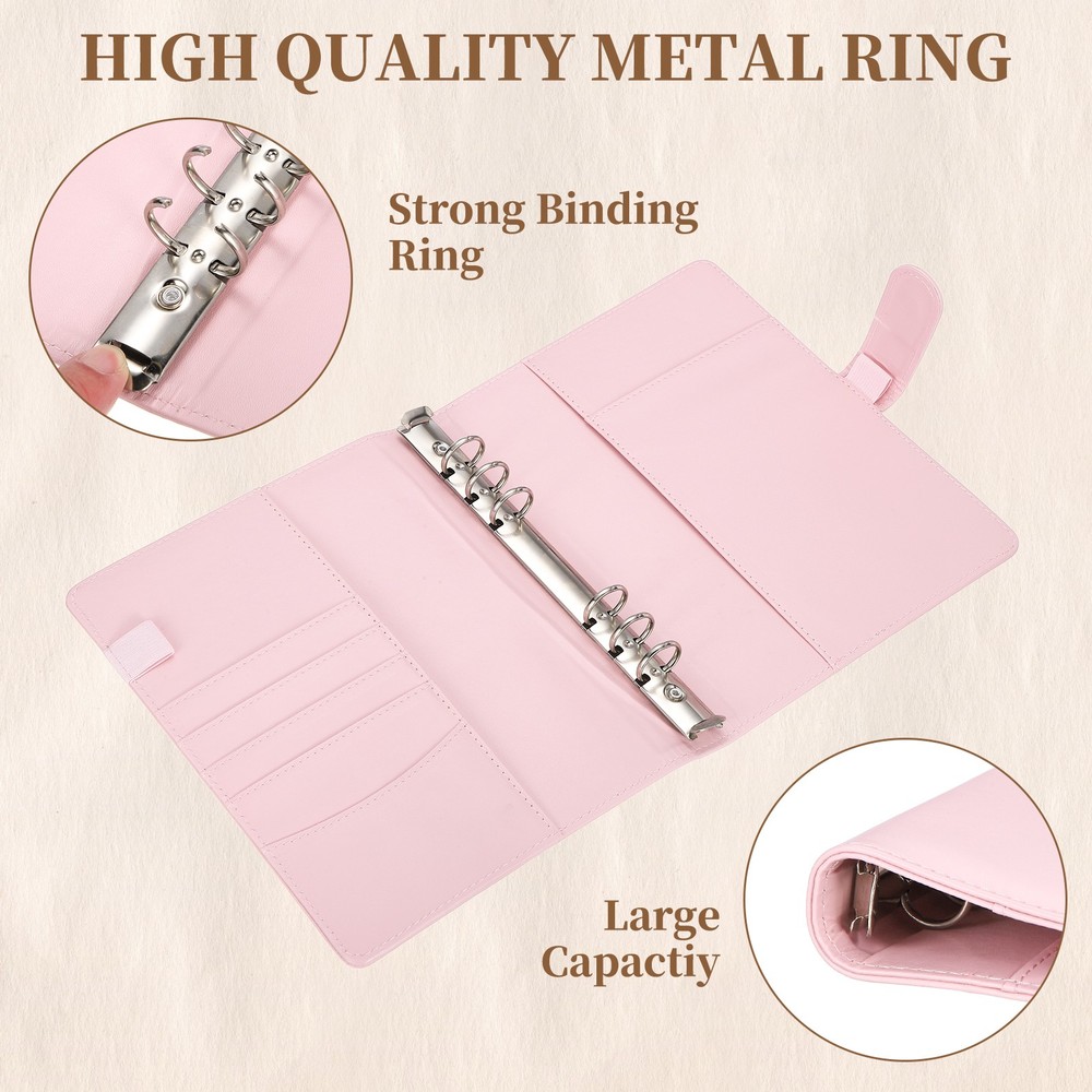 A5 PU Leather Binder Protector, 6 Ring Loose Leaf Notebook Shell, Pink