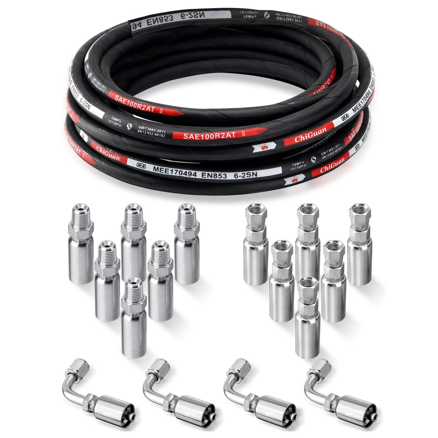 Hydraulic Hose Kit 33FT Hose + Straight & 90° 1/4" JIC & 1/4" NPTF Male Fittings