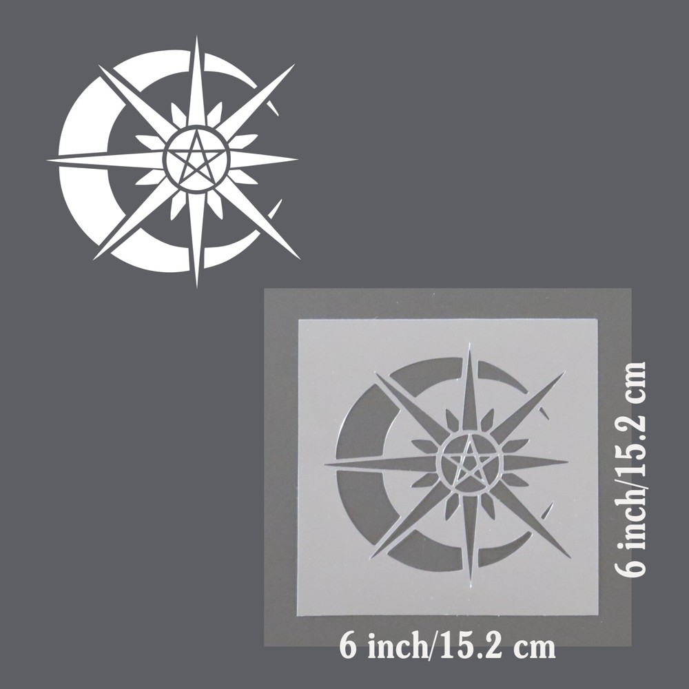 Crescent Moon & Shining Sun with Pentacle Center STENCIL Celestial/Cosmic!!