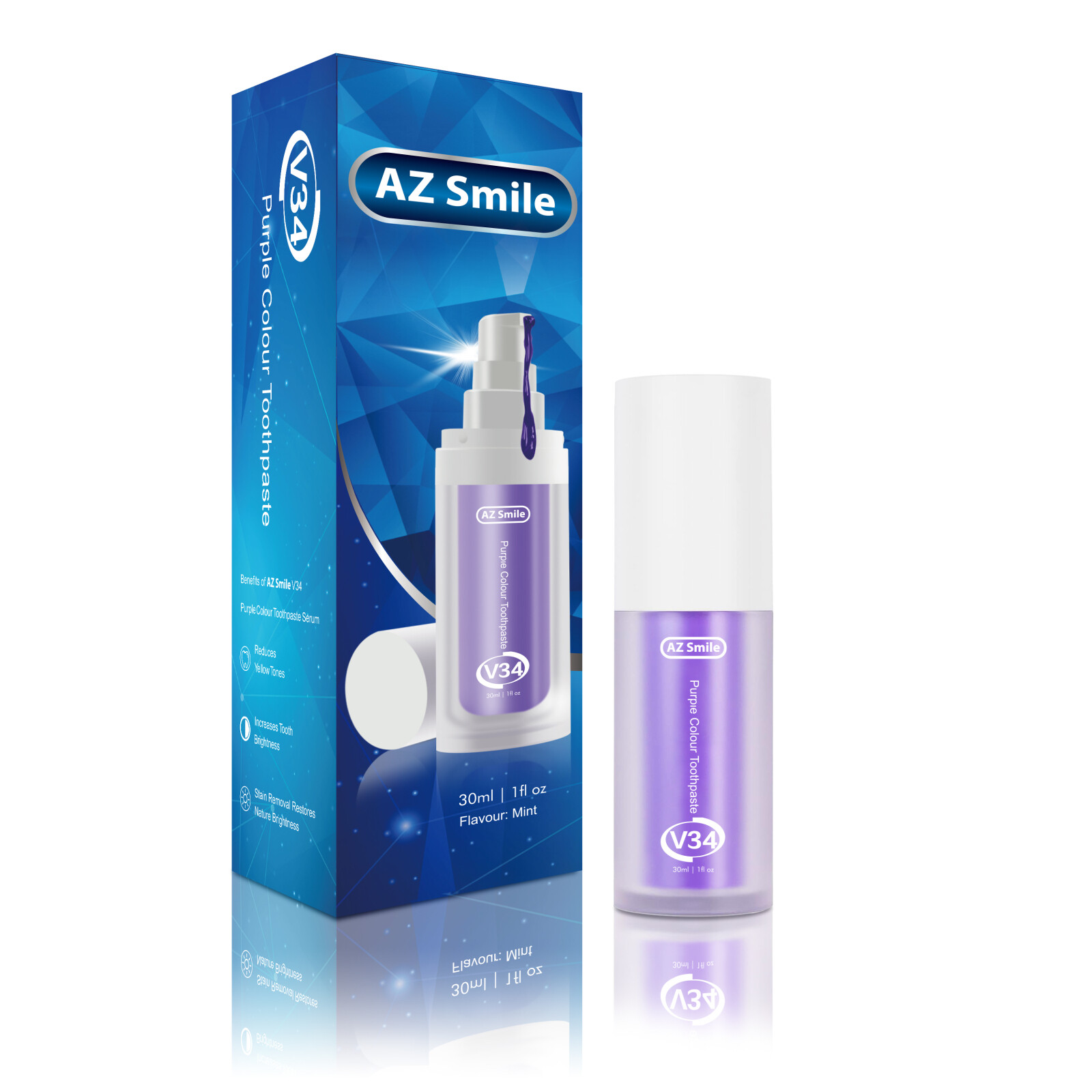 2PC AZSmile V34 Colour Corrector Purple Teeth Whitening Toothpaste Serum PAP
