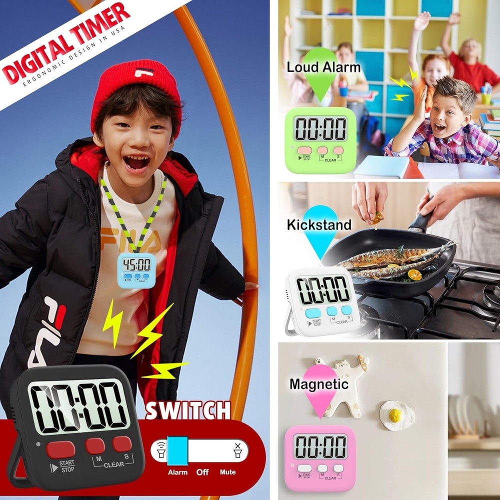 2 Pack Digital Timer for Kids, Magnetic Countdown Kitchen Timers for Cooking,...