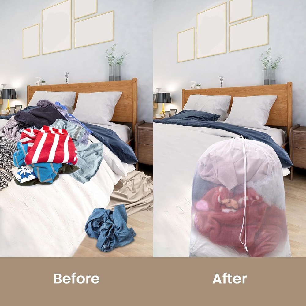 2x Extra Large Drawstring Laundry Bag Solid Mesh Material Mesh Laundry Bag White