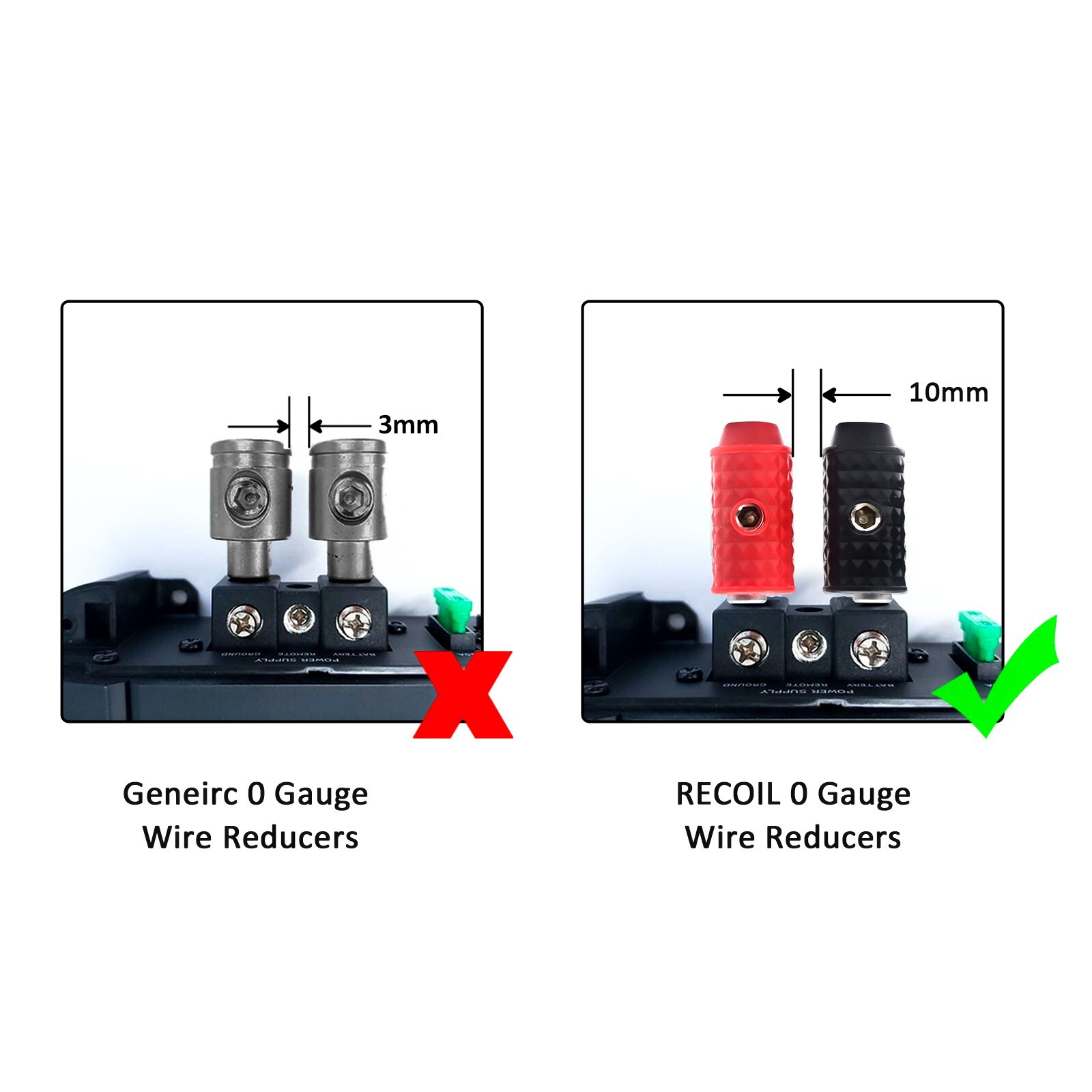 Recoil WR04 Amplifier Power/Ground Input Wire Gauge Reducer Brass 1/0 to 4 Gauge