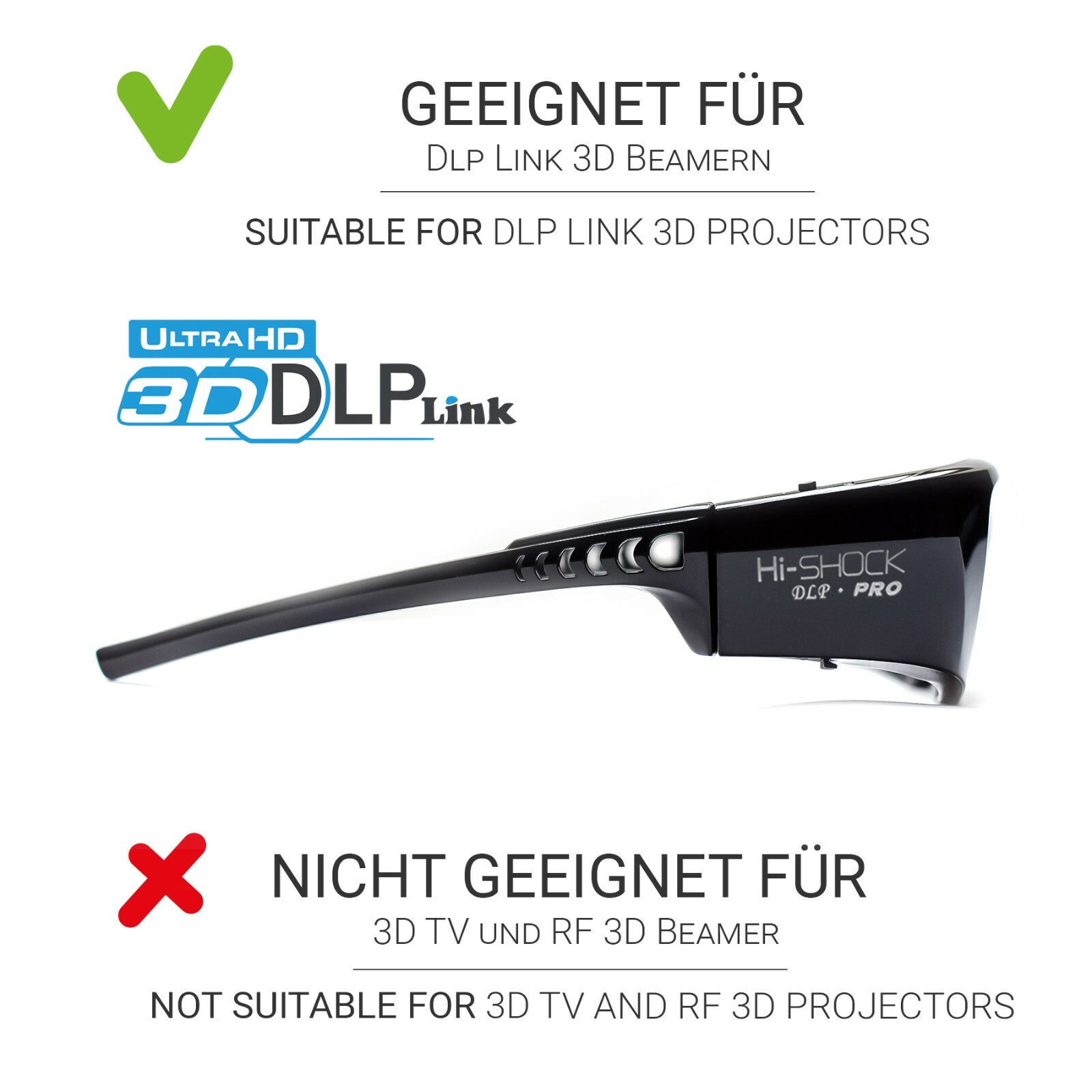 2x Hi-SHOCK DLP 7G Black Diamond | DLP Link 3D Glasses Benq TK800, TK800M, TW533