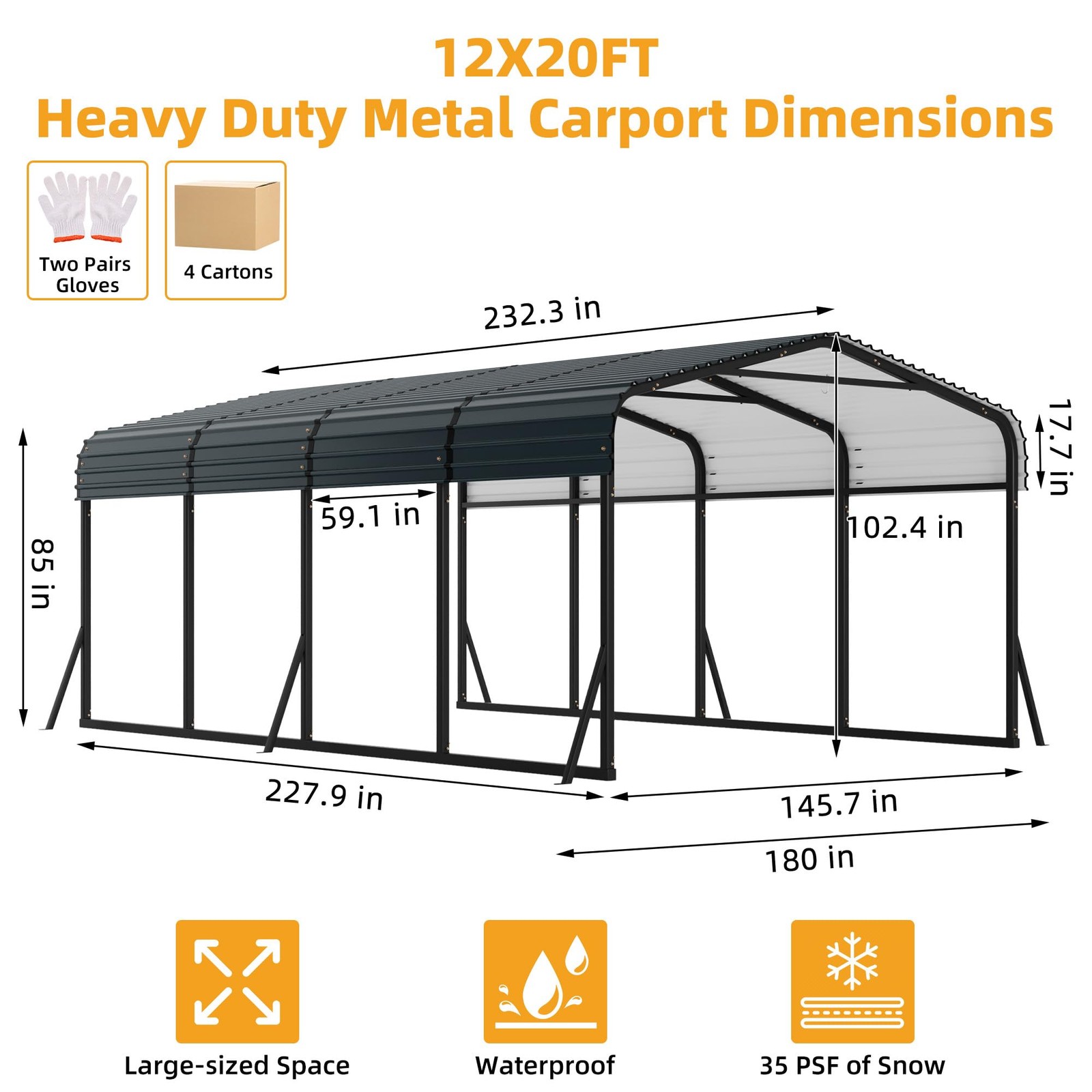 12'x20' Metal Carport, Heavy Duty Galvanized Steel Roof Canopy Car Shelter Truck