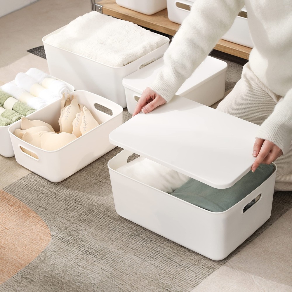 Plastic Storage Baskets Bins Boxes With Lids,Organizing Container White Stora...