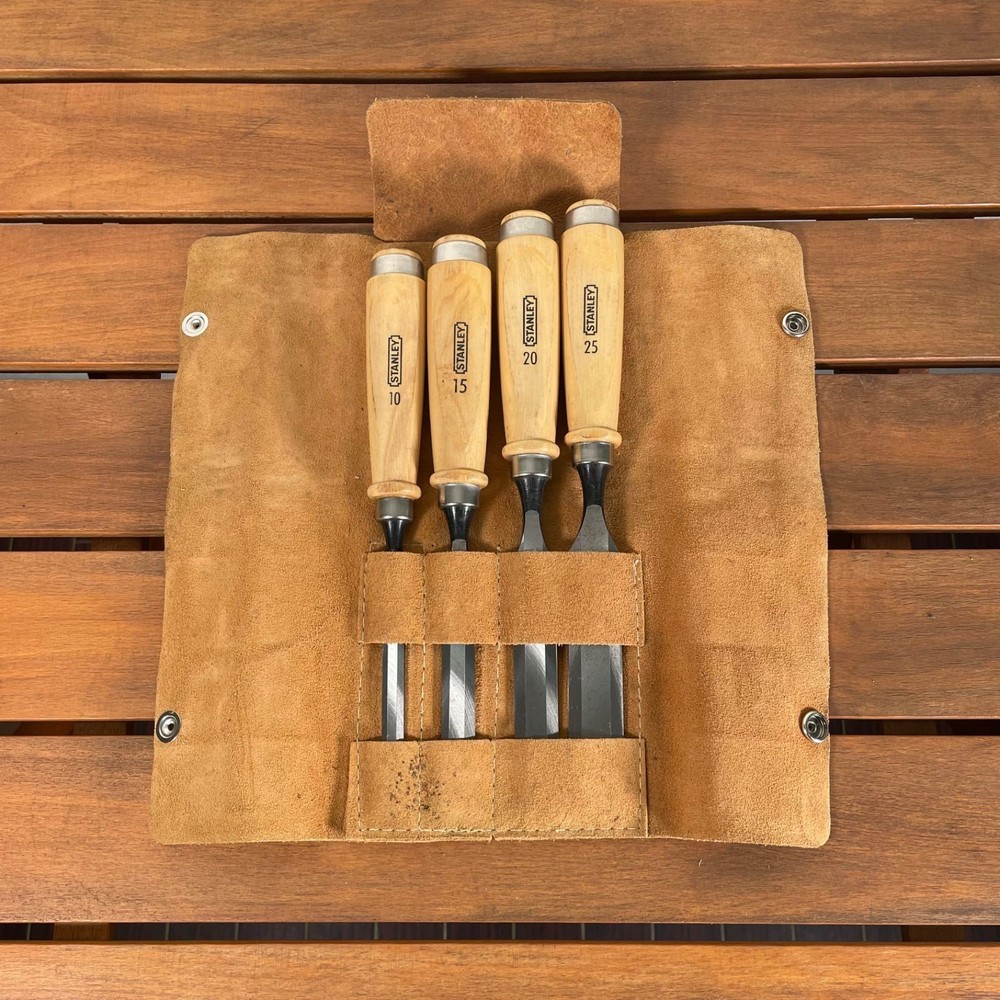STANLEY Chisel Set 4 Piece Leather Cover Hand Tools Used Pro Grade Tools