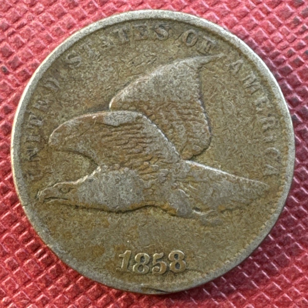 1858 Flying Eagle Cent. Large Letters. Sharp Details. Die Crack Through Date.