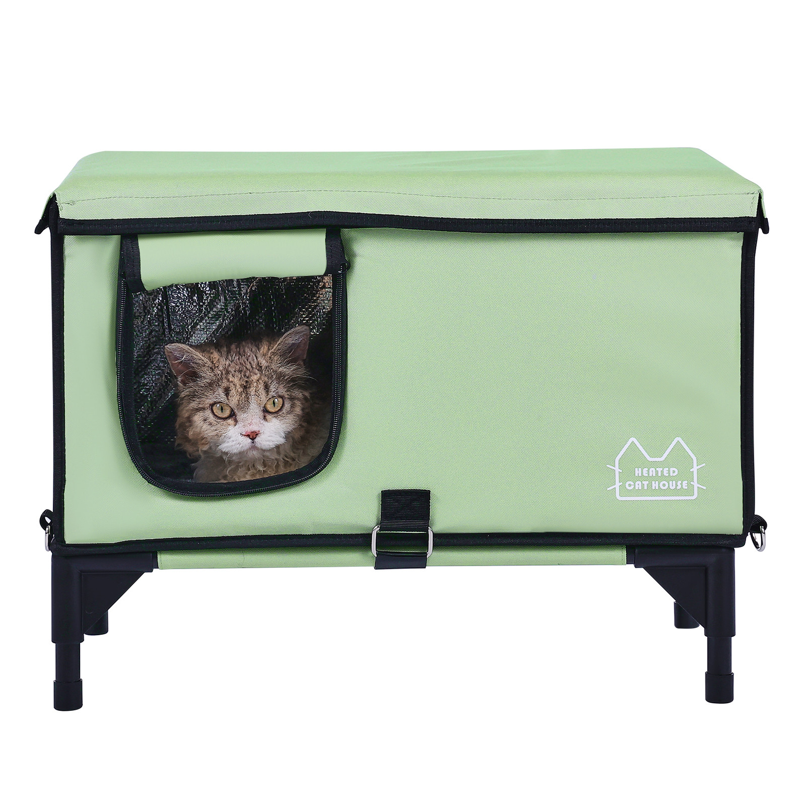 Elevated Heated Cat House Cuboid Kitty Shelter with Heated Pad Green (L)