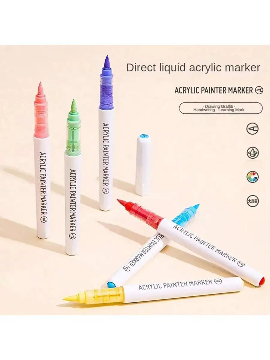 9 Colors Water Based Acrylic Paint Markers, Brush Felt Tip Acrylic Paint Pens